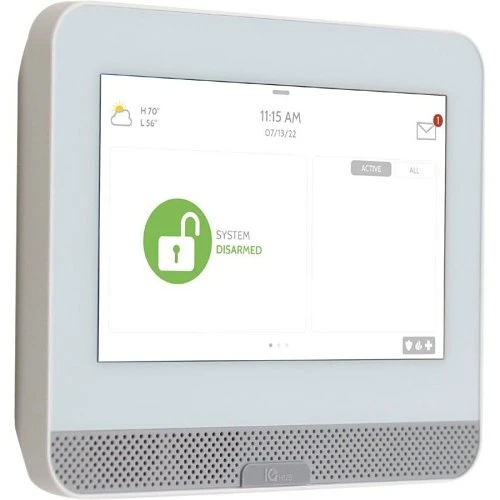 Wall-mounted alarm system touchscreen control panel showing disarmed status